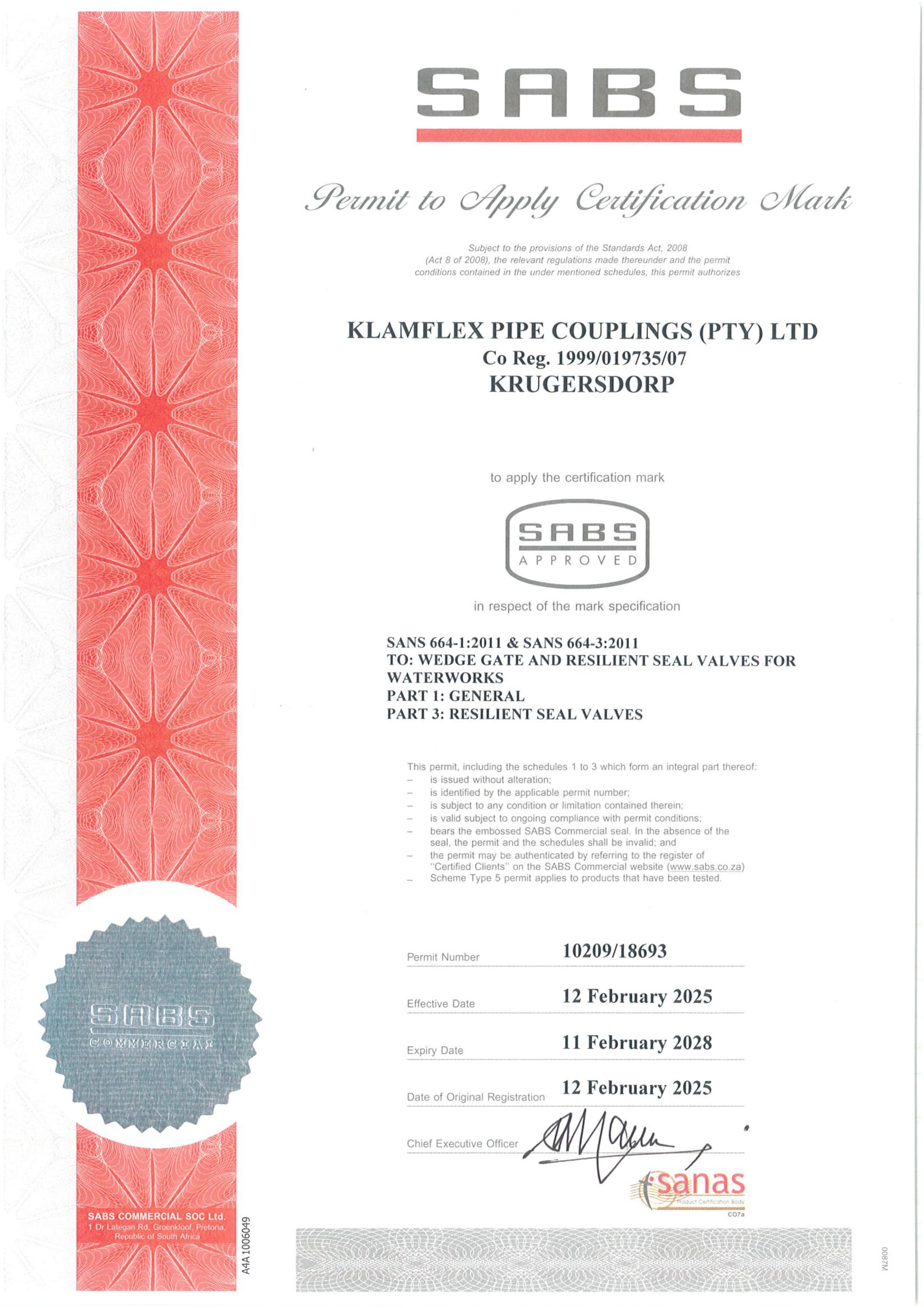 Klamflex SABS Certificate Permit to Apply Certification Mark to Wedge Gate and Resilient Seal Valves for Waterworks